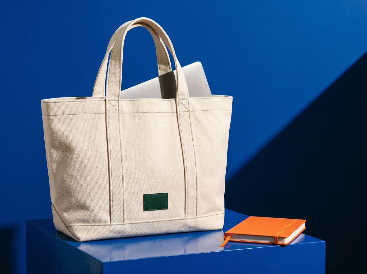 Illustrative canvas tote and laptop in a bold blue product studio